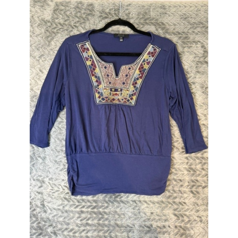 Kelly Renee  Blue Embroidered Bib Top 3/4 Sleeve Banded Hem Boho Blouse S/P 0172